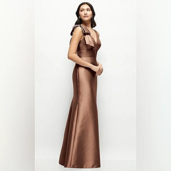 NWT Alfred Sung Deep V-Back Satin Trumpet Dress, One-Shoulder Bow in Cognac, 12R - Picture 2 of 16